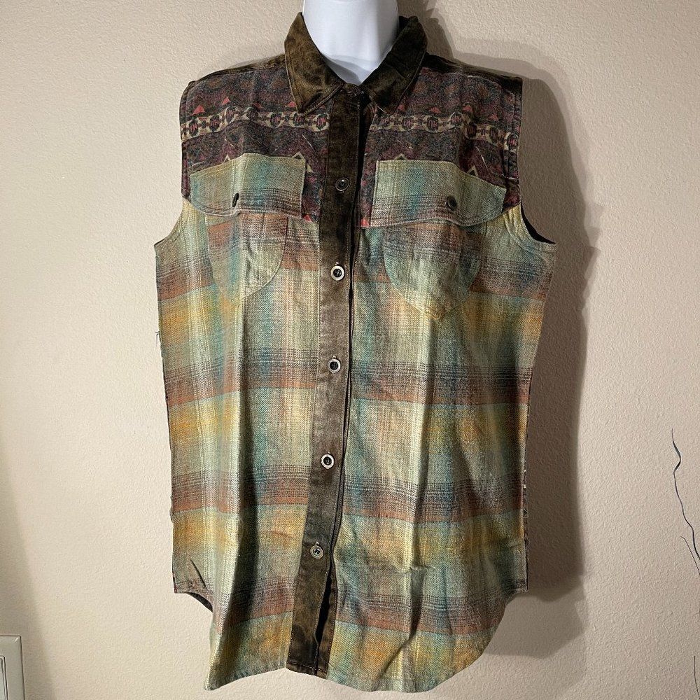 Arrived Sleeveless Western Top Vintage Festival Cotton Denim Flannel Y2K Plaid